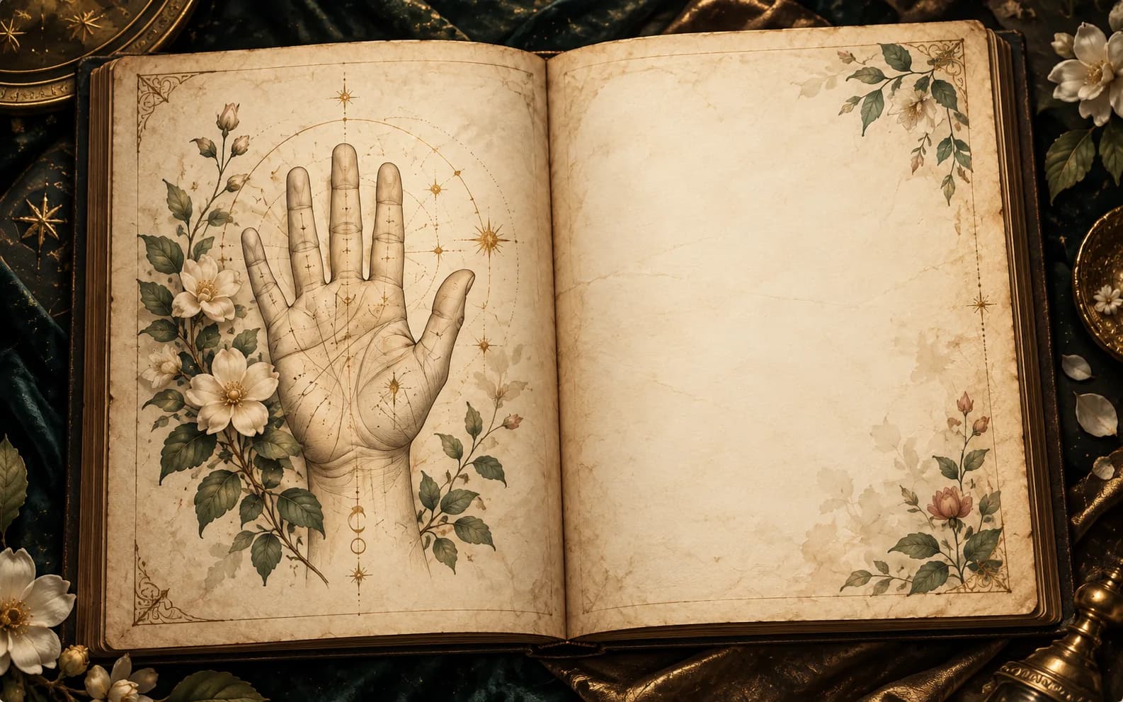 Open illustrated palm-reading journal